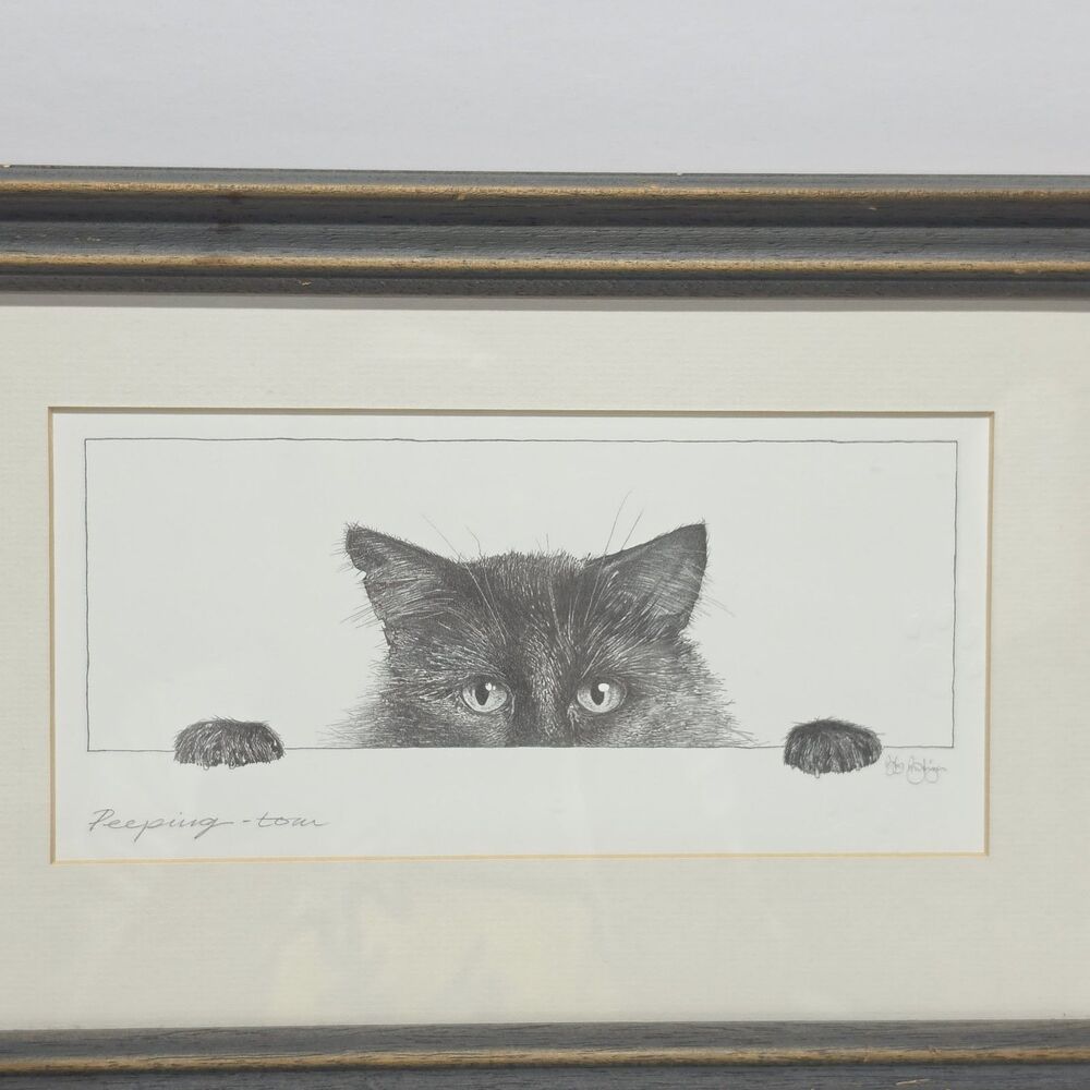 BOB BOWDIGE 'PEEPING TOM' Art Print of Cat Signed Framed Vintage 80s 90s